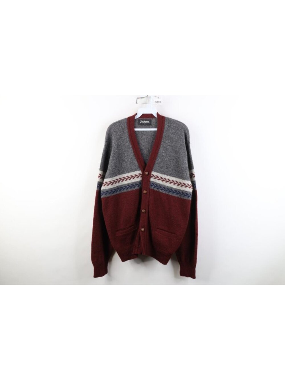 Vtg 70s Streetwear Mens Large Wool Blend Color Block Arrow Cardigan Sweater USA